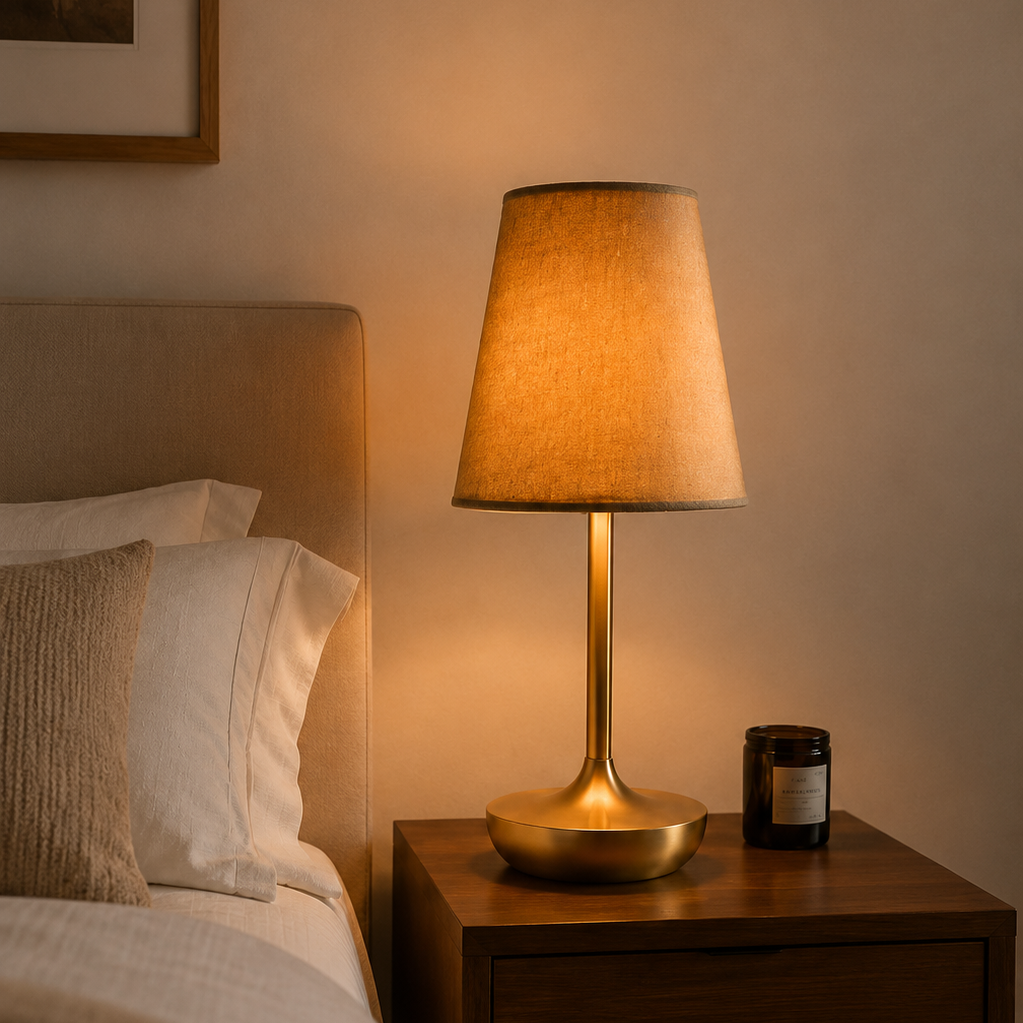 Rechargeable fabric-shade table lamp on a walnut nightstand