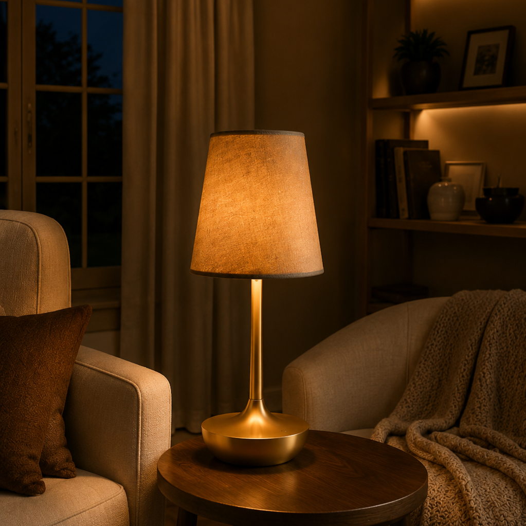 Rechargeable fabric-shade table lamp on a side table beside an armchair