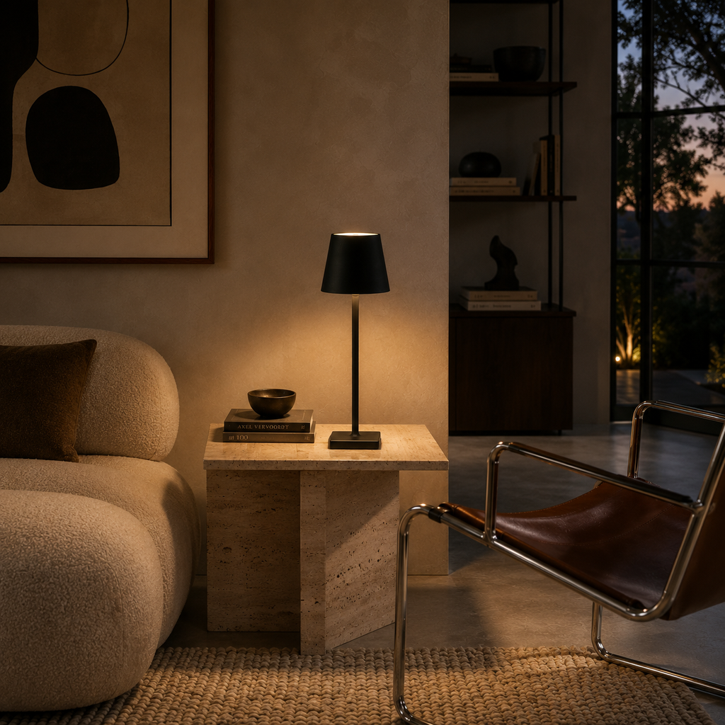 Cordless rechargeable table lamp beside a rattan armchair