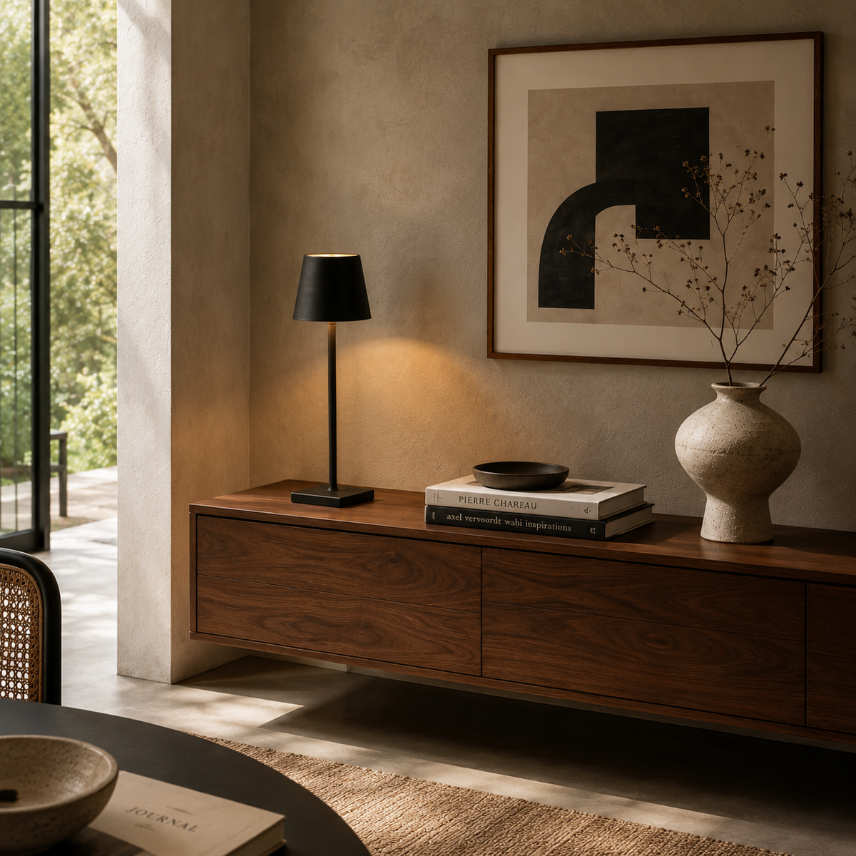 Cordless rechargeable table lamp on a walnut sideboard