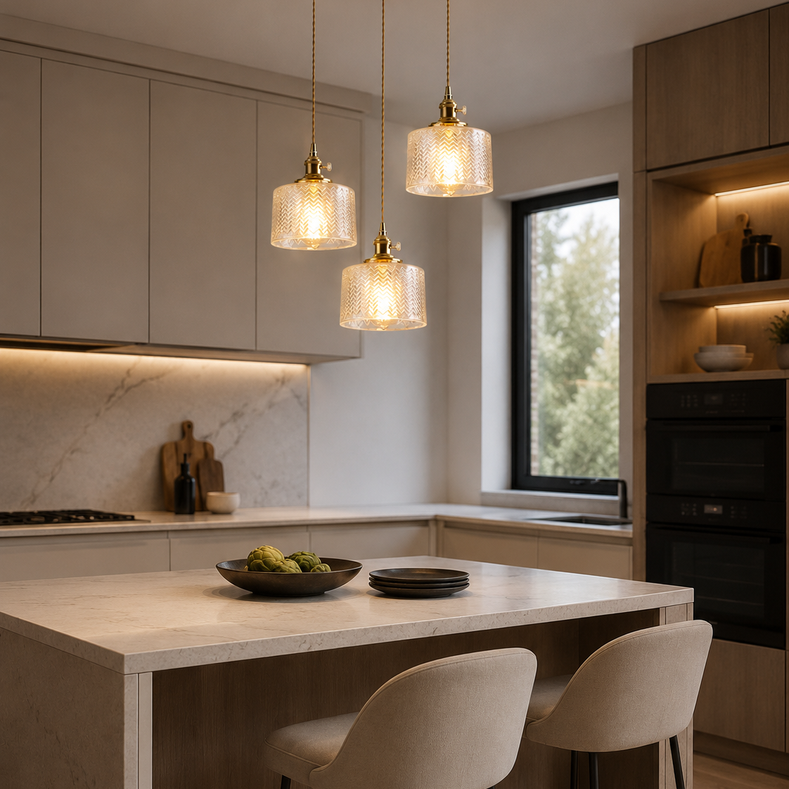 Ribbed Glass Pendant Light - 3-Light Round Cluster