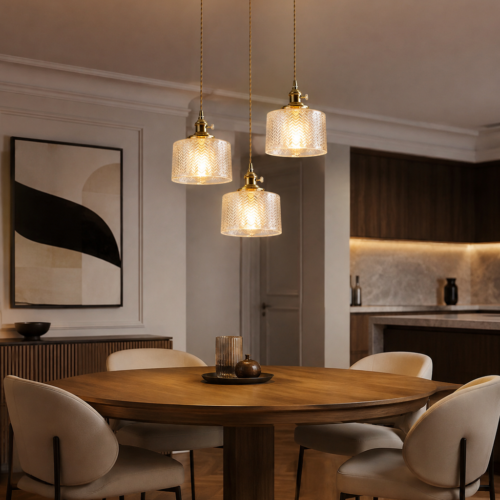Ribbed Glass Pendant Light - 3-Light Round Cluster