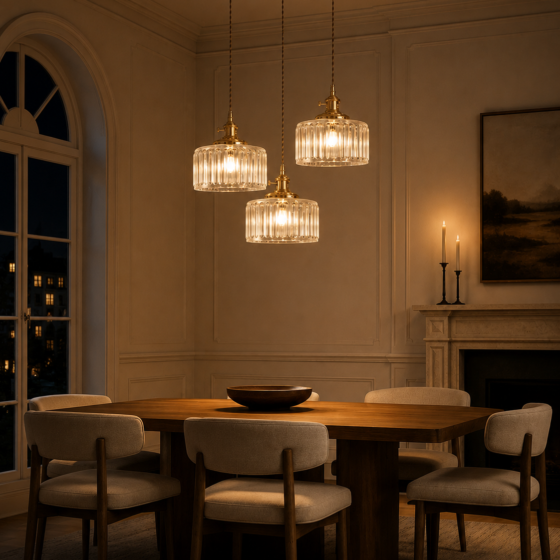 Ribbed Glass Pendant Light - 3-Light Round Cluster