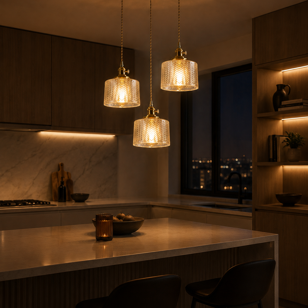 Ribbed Glass Pendant Light - 3-Light Round Cluster