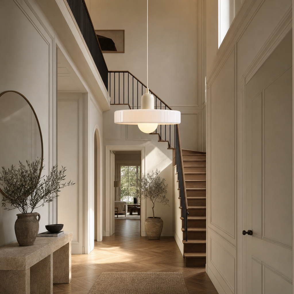 Bauhaus Glass Pendant Light | Tinted Disc & Opal Globe, 25 cm, 4 Colourways
