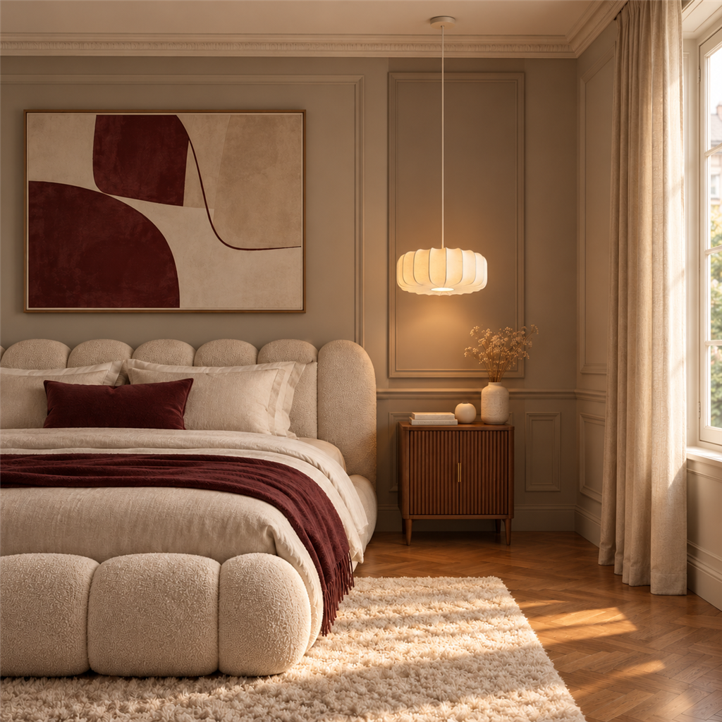 Fluted Silk Pendant Light | Scalloped Hem & Oak Canopy, 40 cm, Bedroom Ceiling Lamp