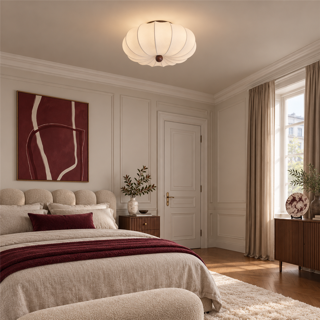 Ribbed Silk Ceiling Light | Japandi Semi-Flush Shade, 40-60 cm, Bedroom Fixture
