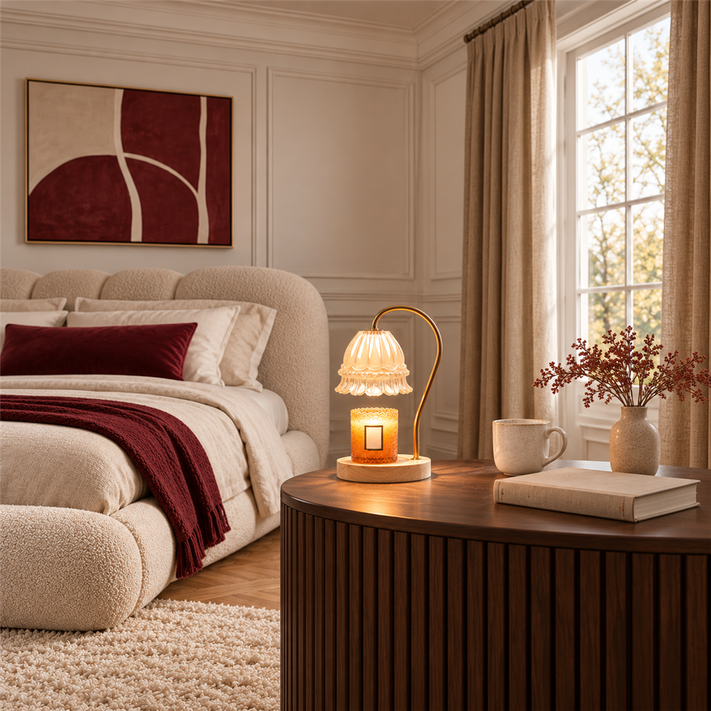Flower Glass Candle Warmer Lamp | Brass Arm & Wood Base, 5 Shade Colours