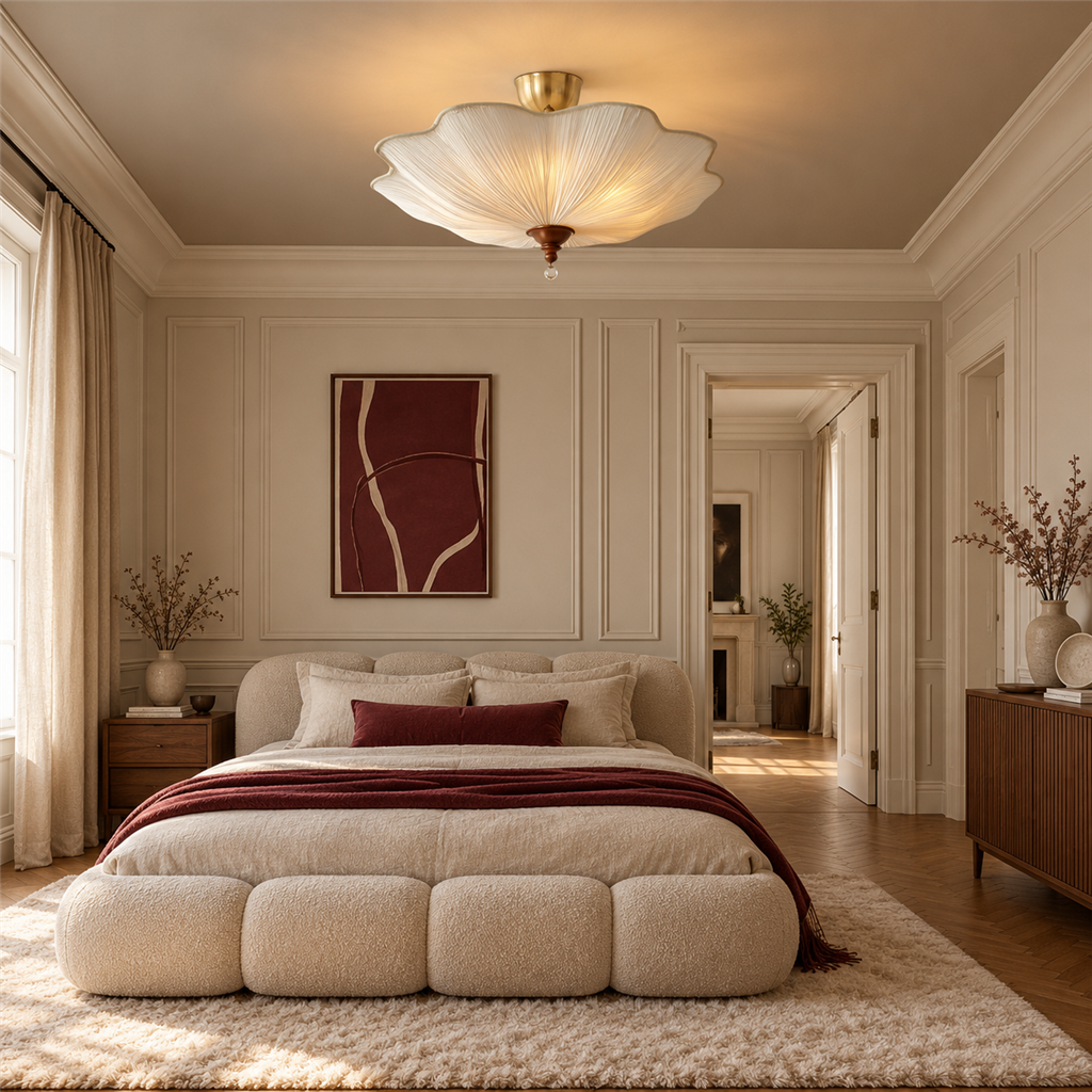 Pleated Scalloped Ceiling Light | Triple Semi-Flush Fabric Shade, 50/60 cm, Bedroom