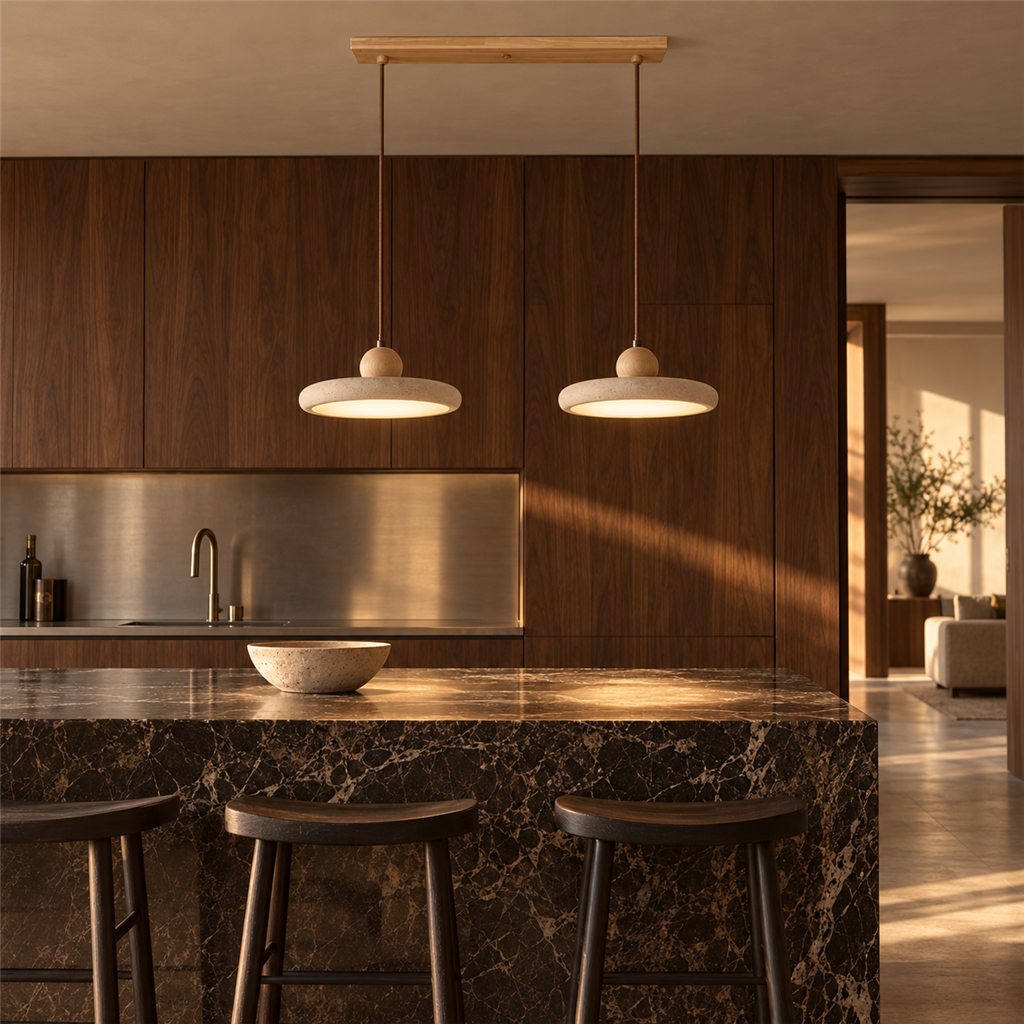 Travertine Double Pendant Light | Wood or Walnut Bar, Breakfast Bar & Counter