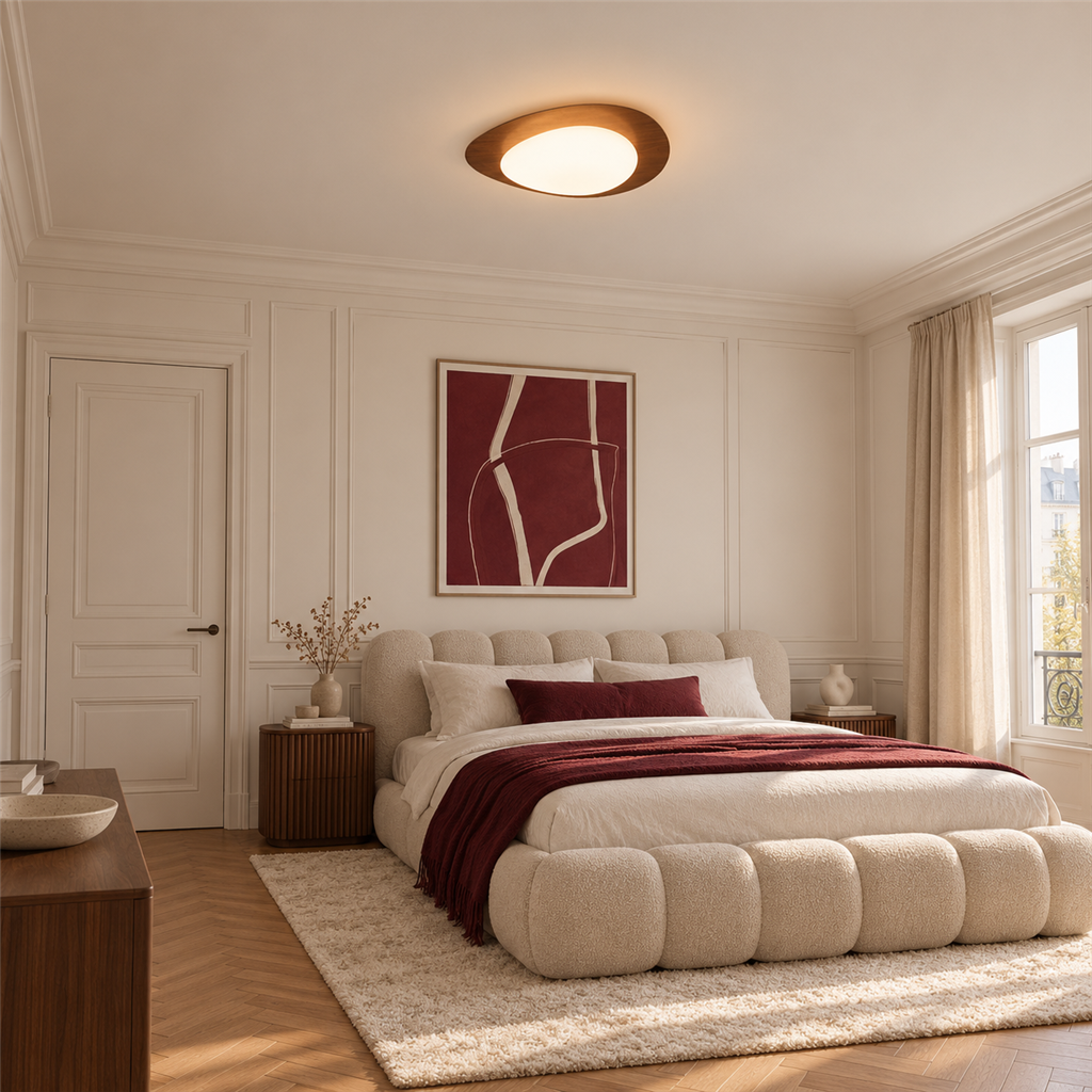 Pebble Ceiling Light | Wood or Walnut Flush Mount, 38/48 cm, Organic LED Shape