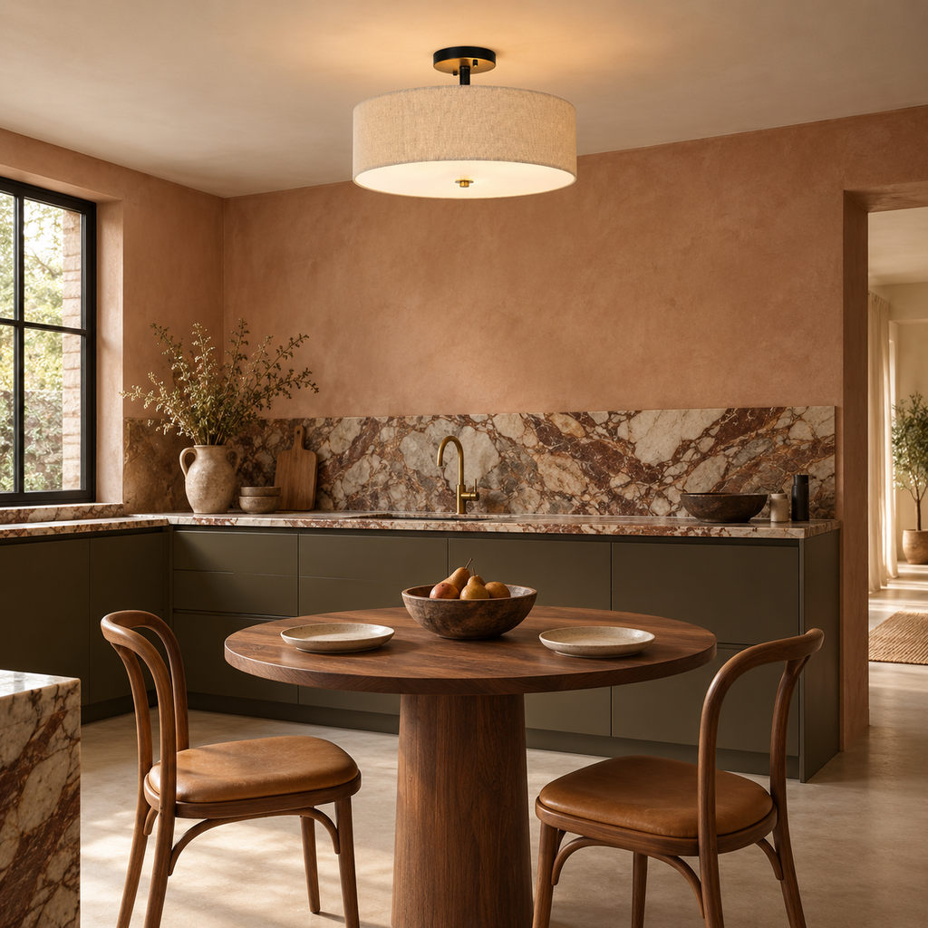 Fabric Drum Ceiling Light 40cm - Beige Semi-Flush Dining Room Light