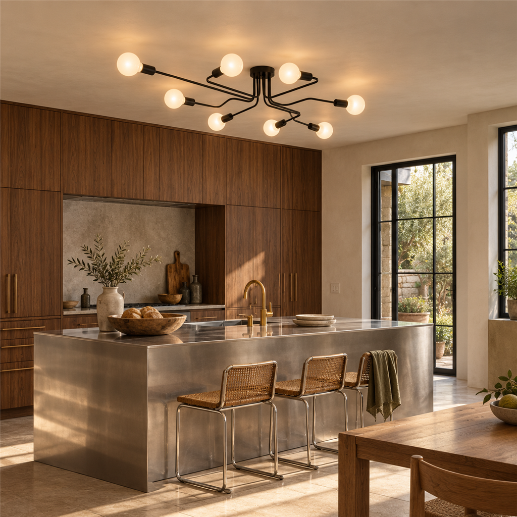 Sputnik Semi-Flush Chandelier | Black & Copper, 6 or 8 Light, Mid-Century E27