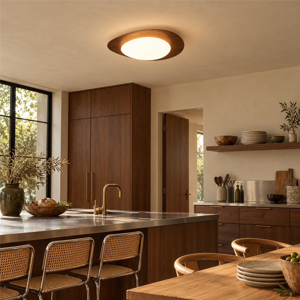 Pebble Ceiling Light | Wood or Walnut Flush Mount, 38/48 cm, Organic LED Shape
