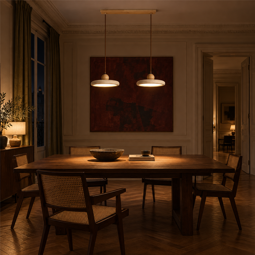Travertine Double Pendant Light | Wood or Walnut Bar, Breakfast Bar & Counter