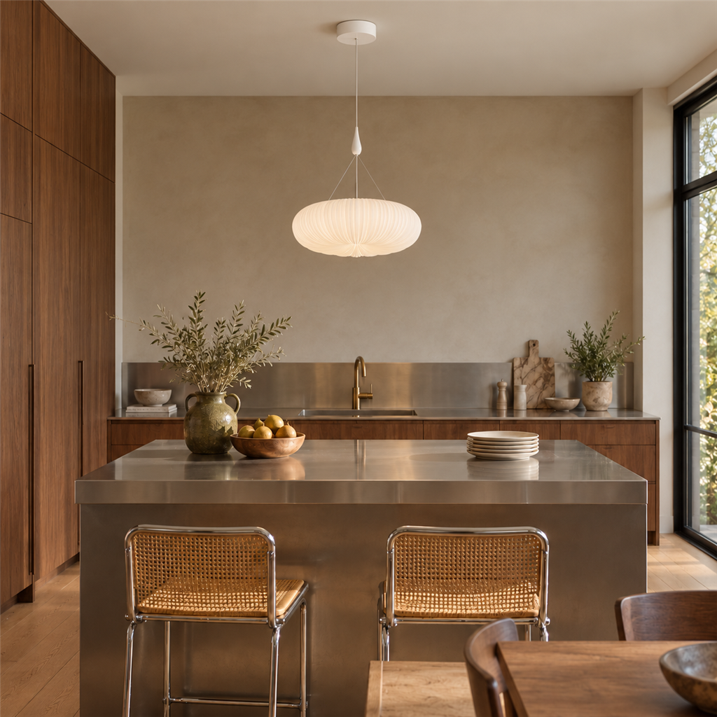 Pleated Acrylic Pendant Light | White Dome Shade, 45 cm, Corded Ceiling Fixture
