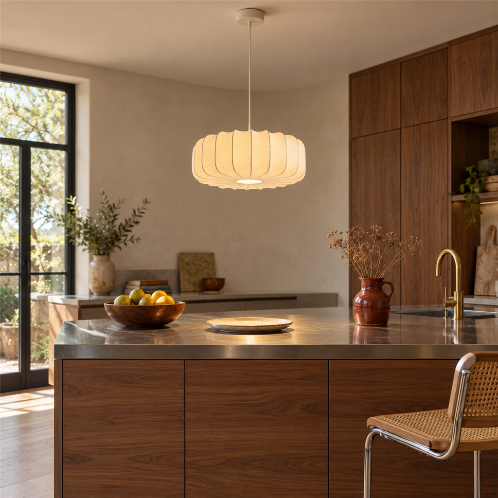 Fluted Silk Pendant Light | Scalloped Hem & Oak Canopy, 40 cm, Bedroom Ceiling Lamp