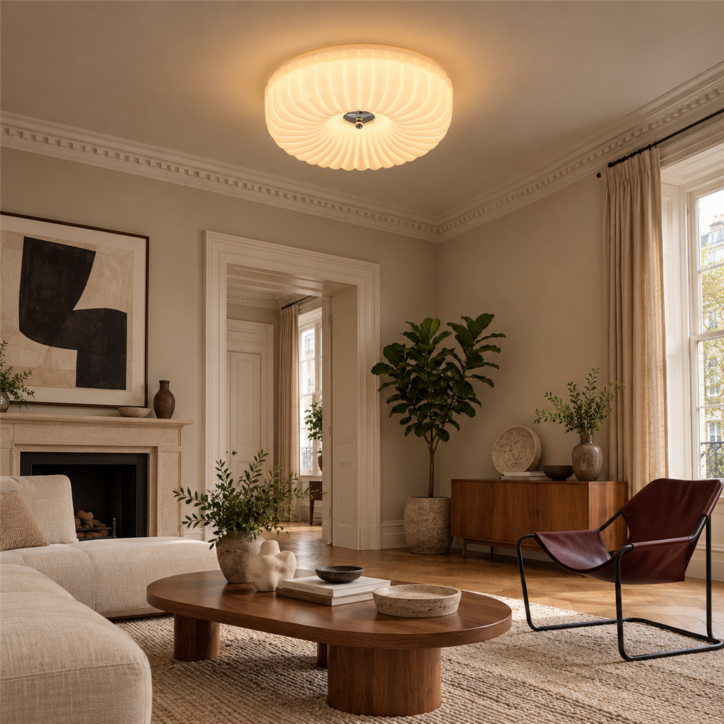 Ribbed Glass Ceiling Light | White or Cream Flush Mount, 30/40 cm, Hallway