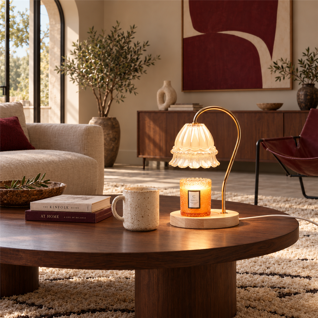 Flower Glass Candle Warmer Lamp | Brass Arm & Wood Base, 5 Shade Colours