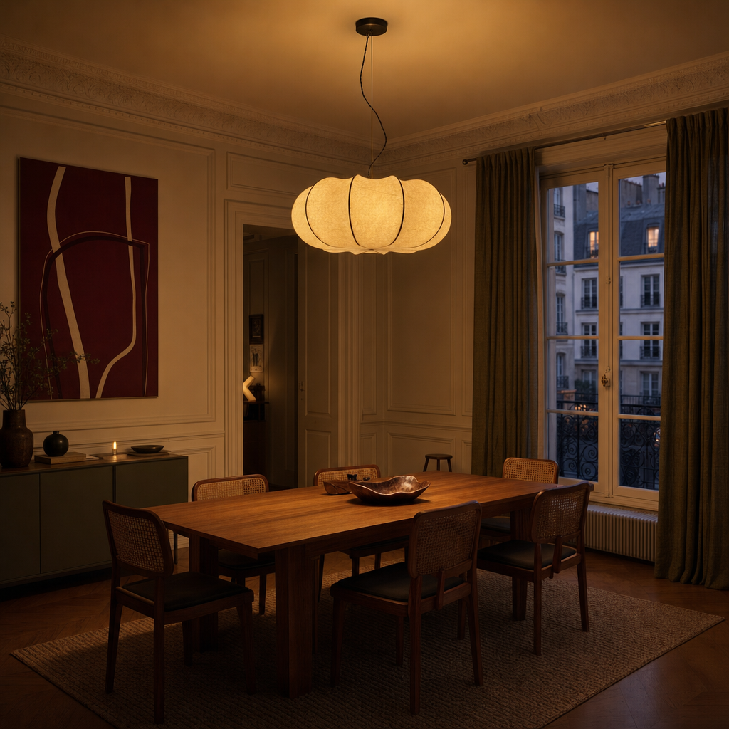 Pumpkin Silk Pendant Light | Handmade Gathered Shade, 50/60 cm, Living Room Ceiling