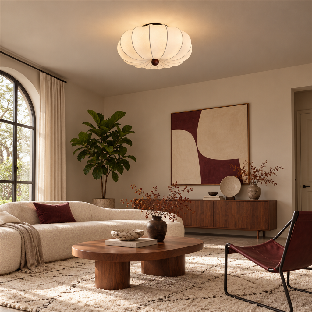 Ribbed Silk Ceiling Light | Japandi Semi-Flush Shade, 40-60 cm, Bedroom Fixture