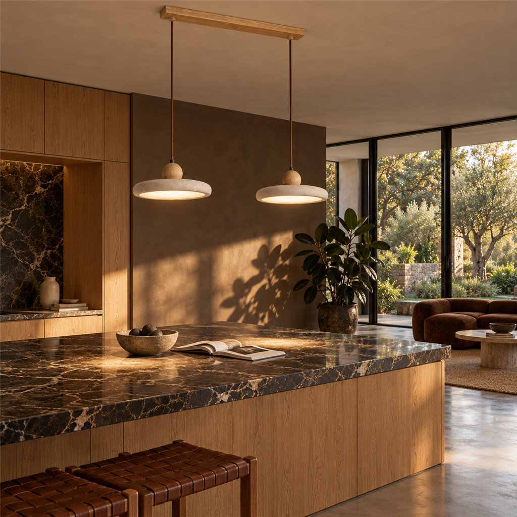 Travertine Double Pendant Light | Wood or Walnut Bar, Breakfast Bar & Counter