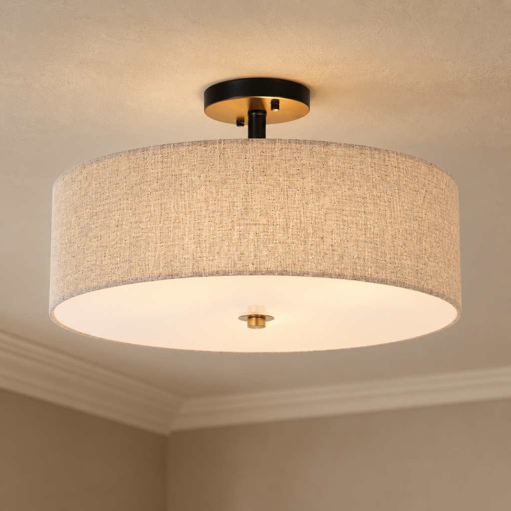 Fabric Drum Ceiling Light 40cm - Beige Semi-Flush Dining Room Light
