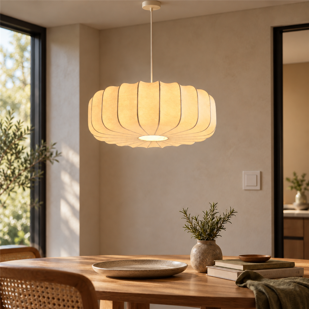 Fluted Silk Pendant Light | Scalloped Hem & Oak Canopy, 40 cm, Bedroom Ceiling Lamp