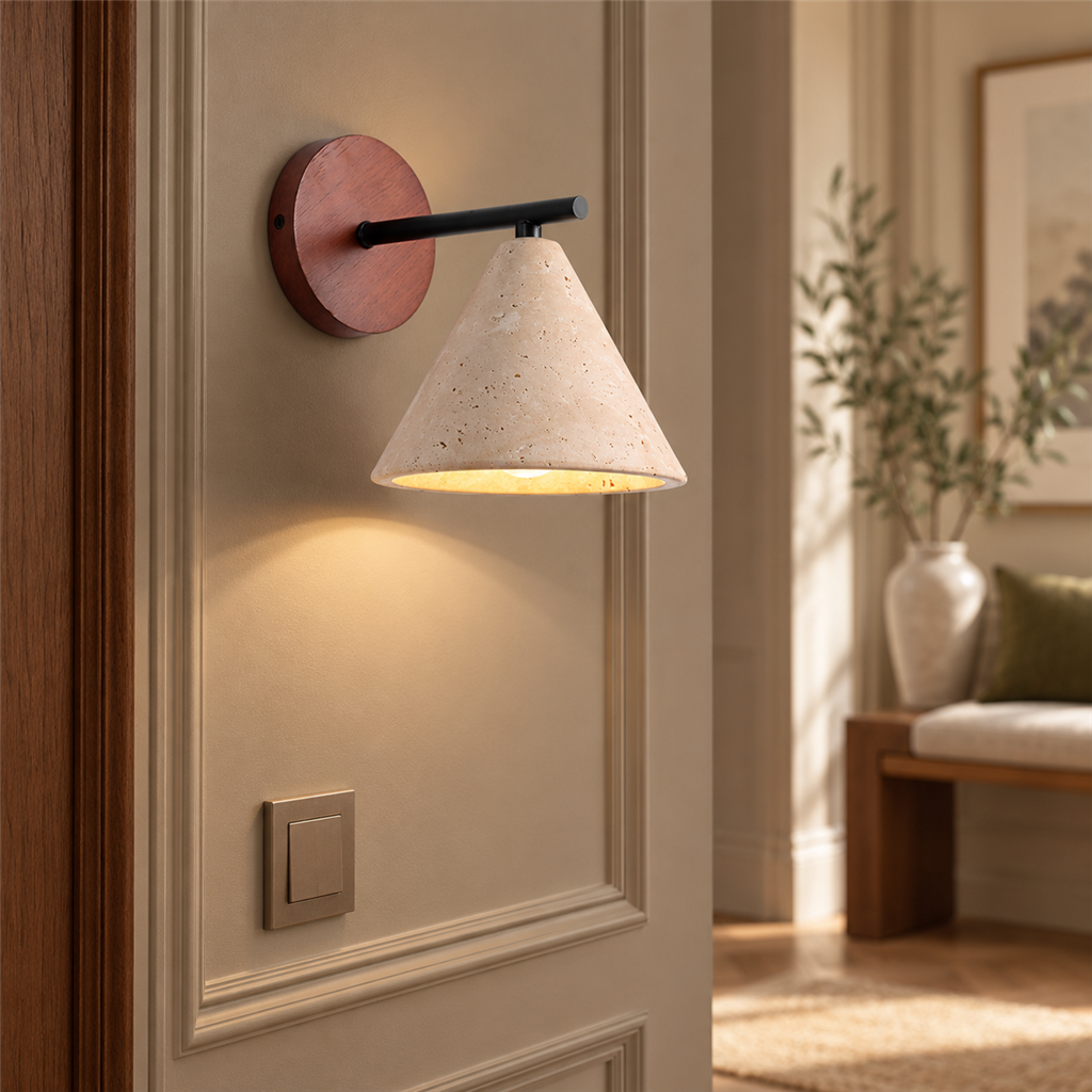 Travertine Cone Wall Light | Natural Stone Wabi-Sabi Sconce, Bedside & Hallway