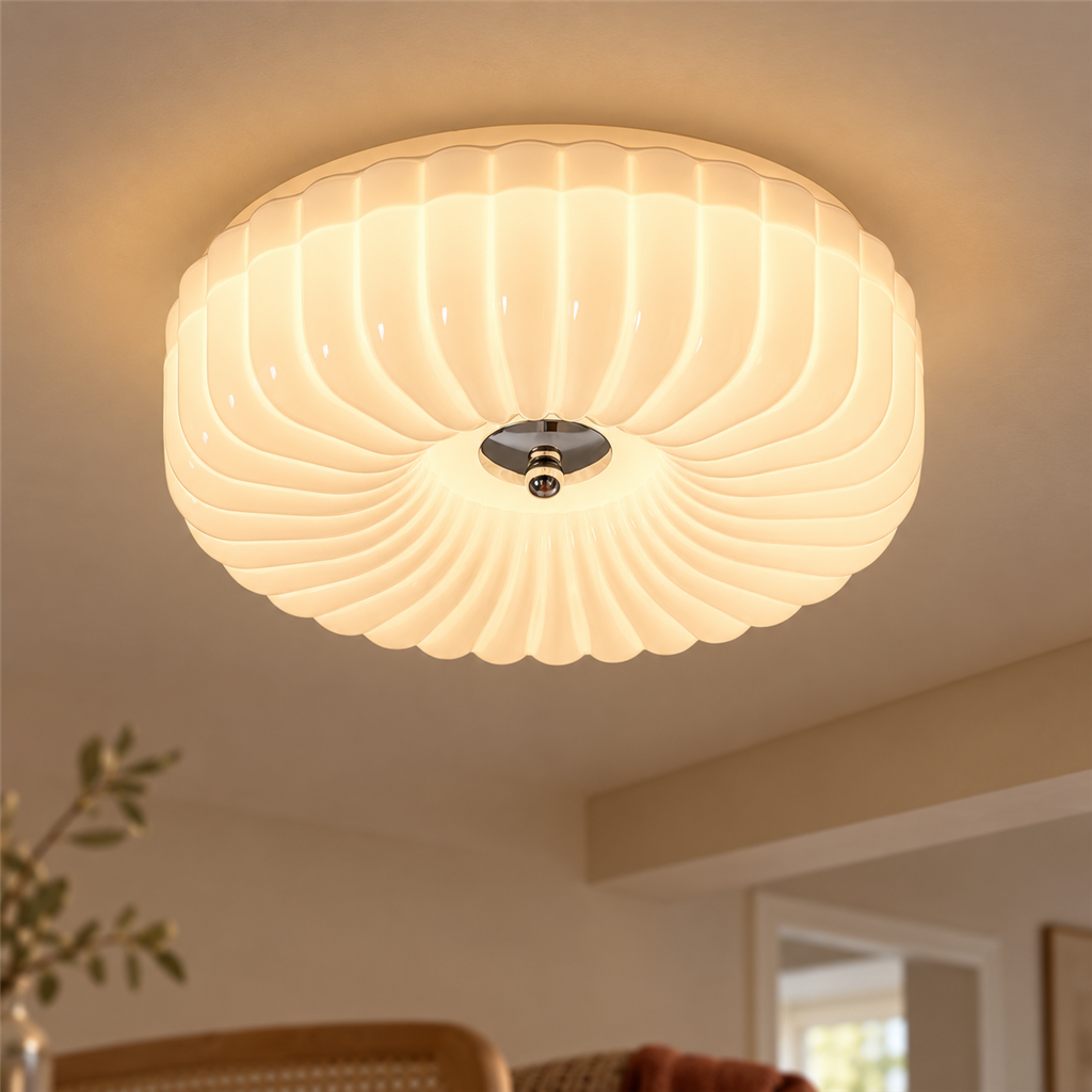 Ribbed Glass Ceiling Light | White or Cream Flush Mount, 30/40 cm, Hallway
