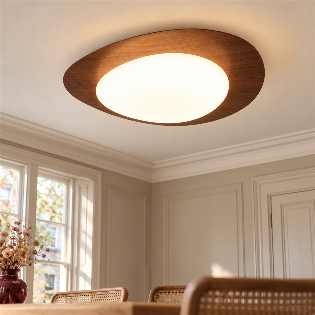 Pebble Ceiling Light | Wood or Walnut Flush Mount, 38/48 cm, Organic LED Shape