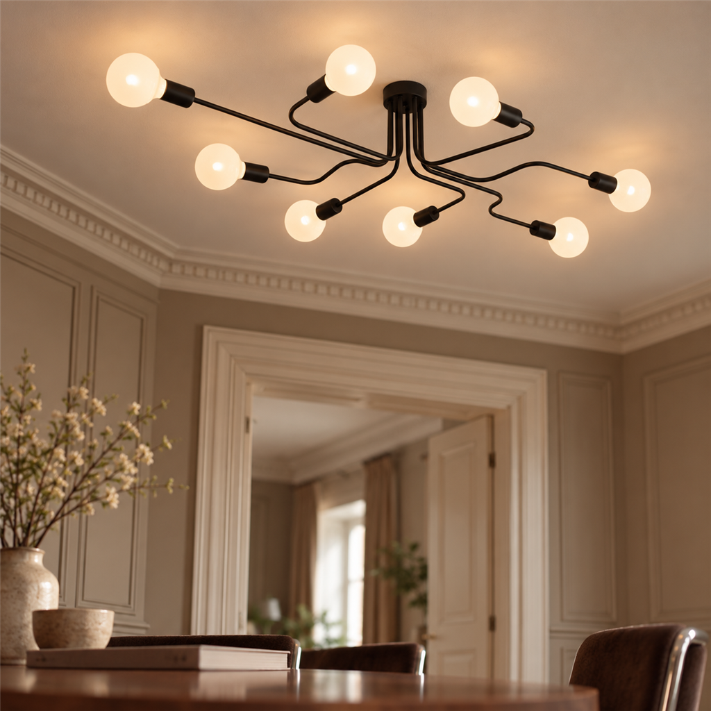 Sputnik Semi-Flush Chandelier | Black & Copper, 6 or 8 Light, Mid-Century E27