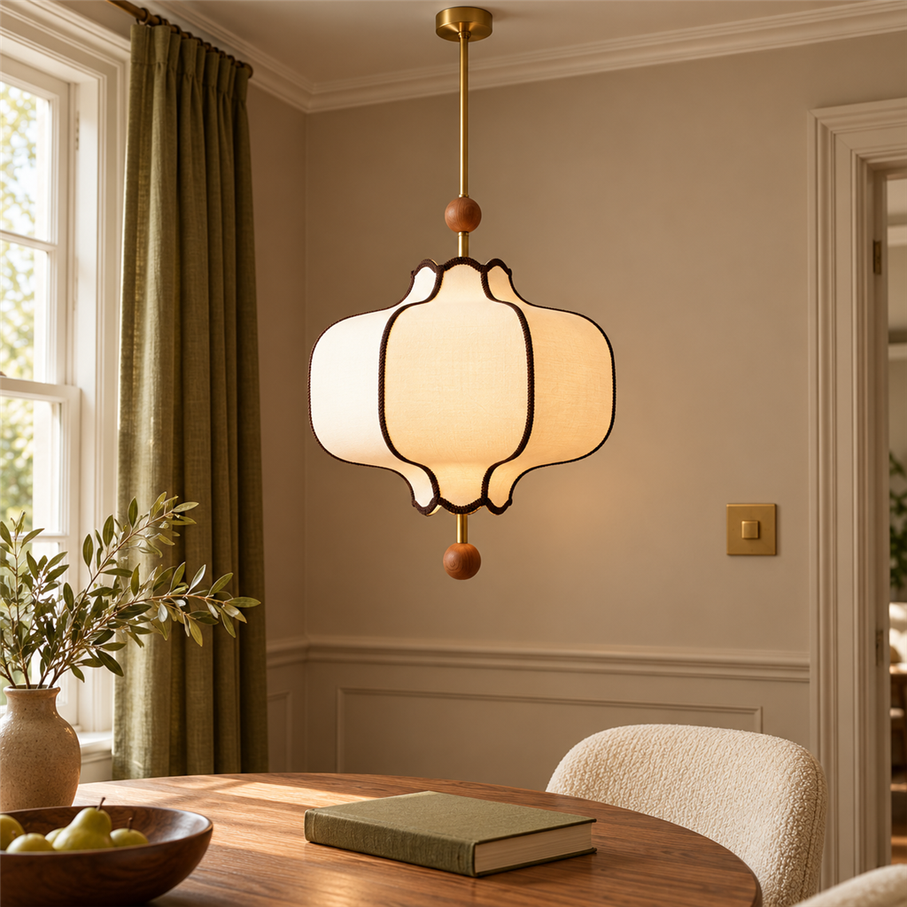 Lantern Fabric Pendant Light | Vintage Wood Frame & Beads, 40/50 cm, Dining Room