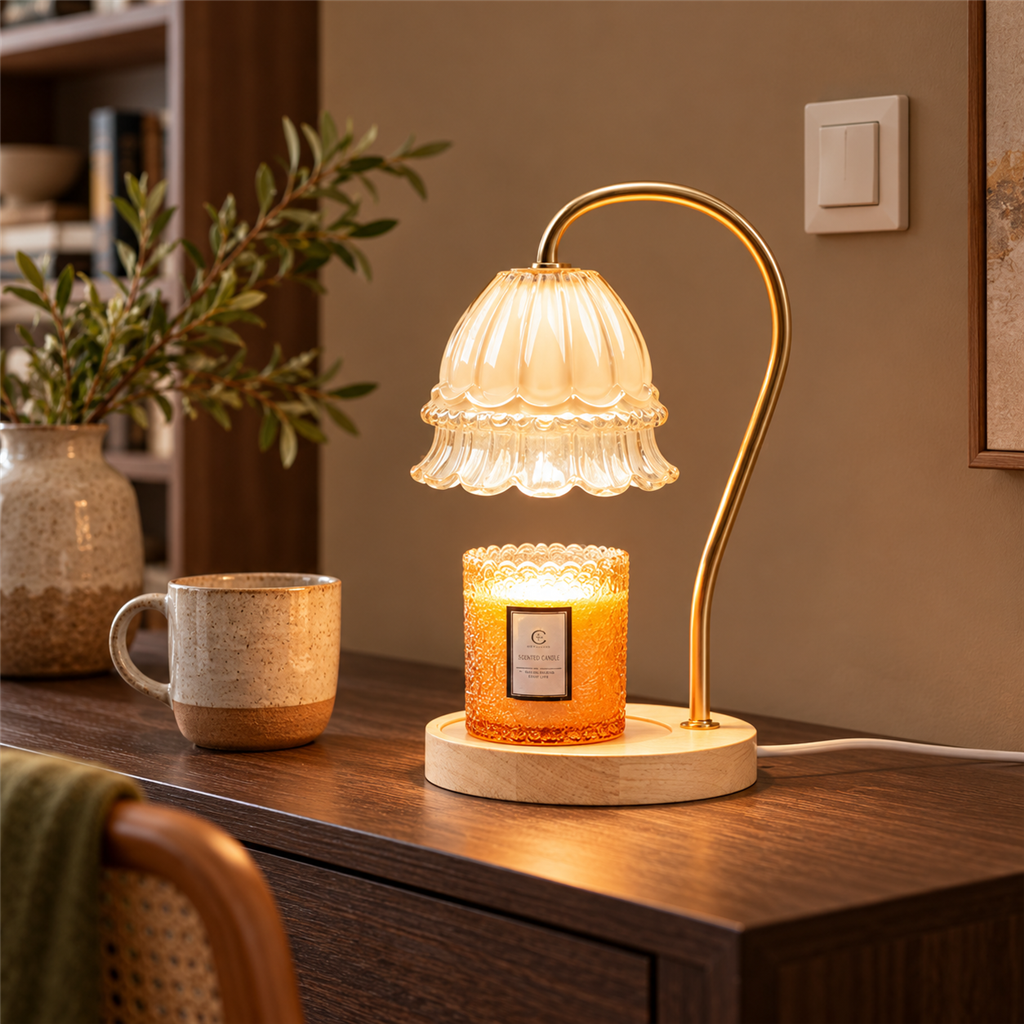 Flower Glass Candle Warmer Lamp | Brass Arm & Wood Base, 5 Shade Colours