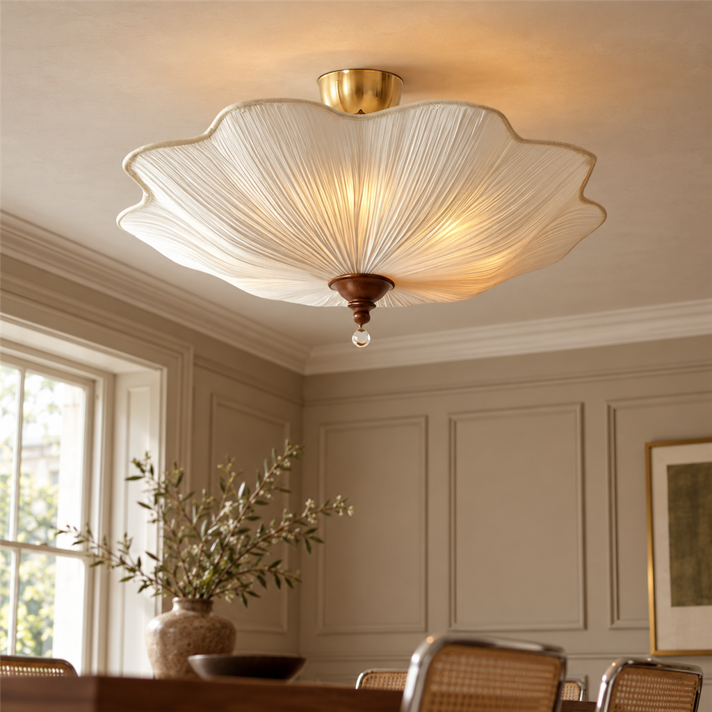 Pleated Scalloped Ceiling Light | Triple Semi-Flush Fabric Shade, 50/60 cm, Bedroom