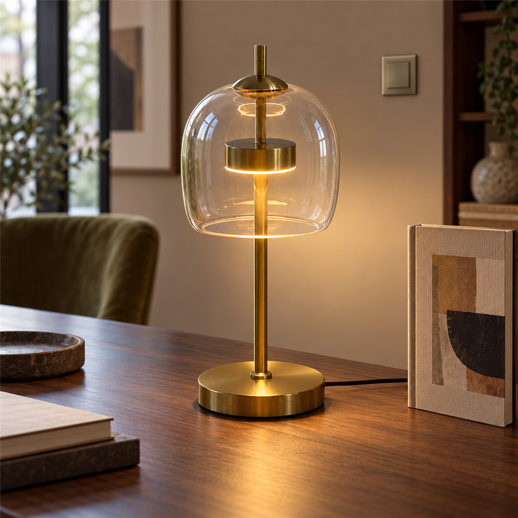 Smoked Glass Dome Table Lamp | Brass Stem, 18/24 cm, Amber Grey or Clear