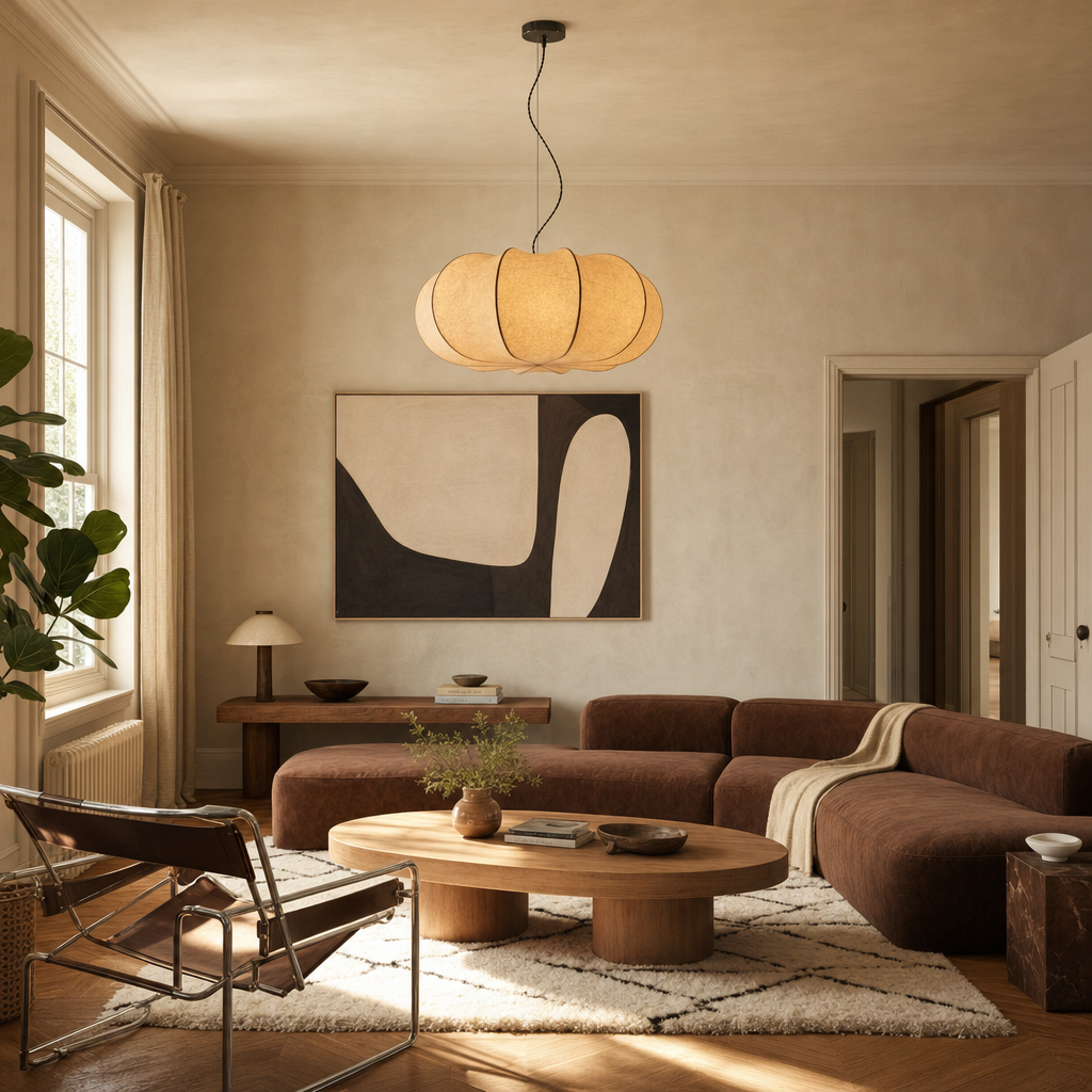 Pumpkin Silk Pendant Light | Handmade Gathered Shade, 50/60 cm, Living Room Ceiling