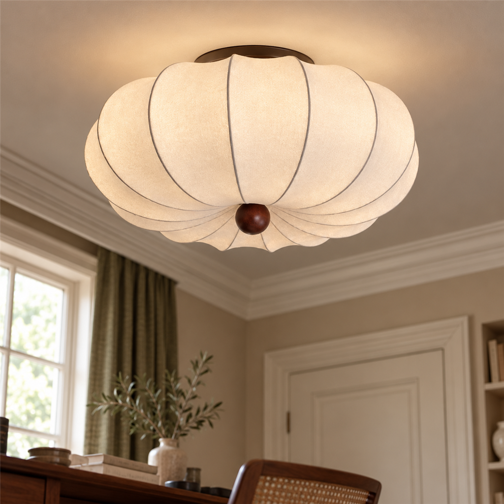 Ribbed Silk Ceiling Light | Japandi Semi-Flush Shade, 40-60 cm, Bedroom Fixture