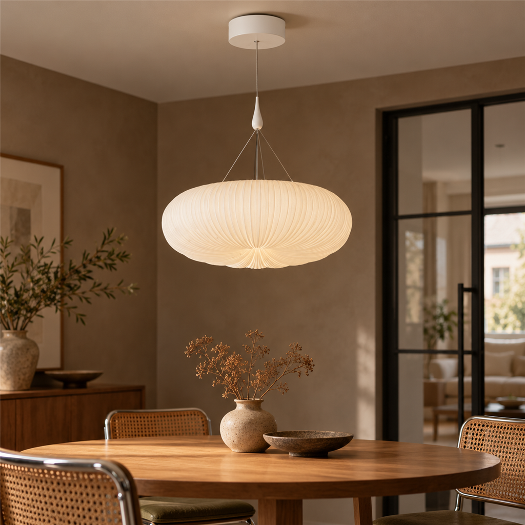 Pleated Acrylic Pendant Light | White Dome Shade, 45 cm, Corded Ceiling Fixture