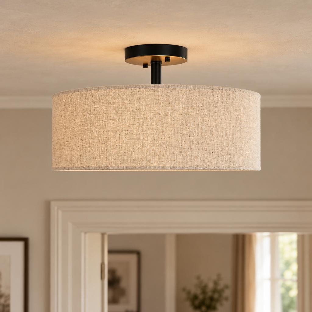 Fabric Drum Ceiling Light 40cm - Beige Semi-Flush Dining Room Light