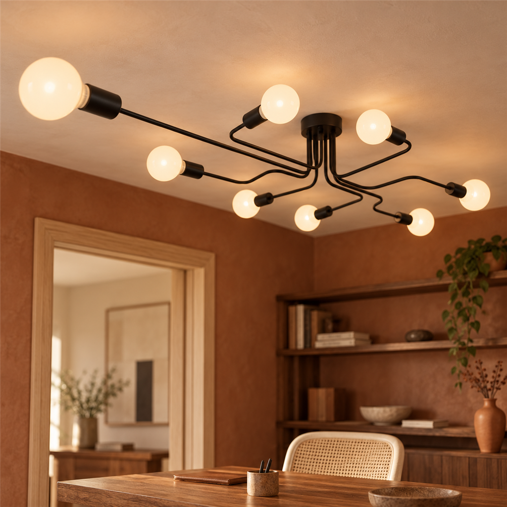 Sputnik Semi-Flush Chandelier | Black & Copper, 6 or 8 Light, Mid-Century E27
