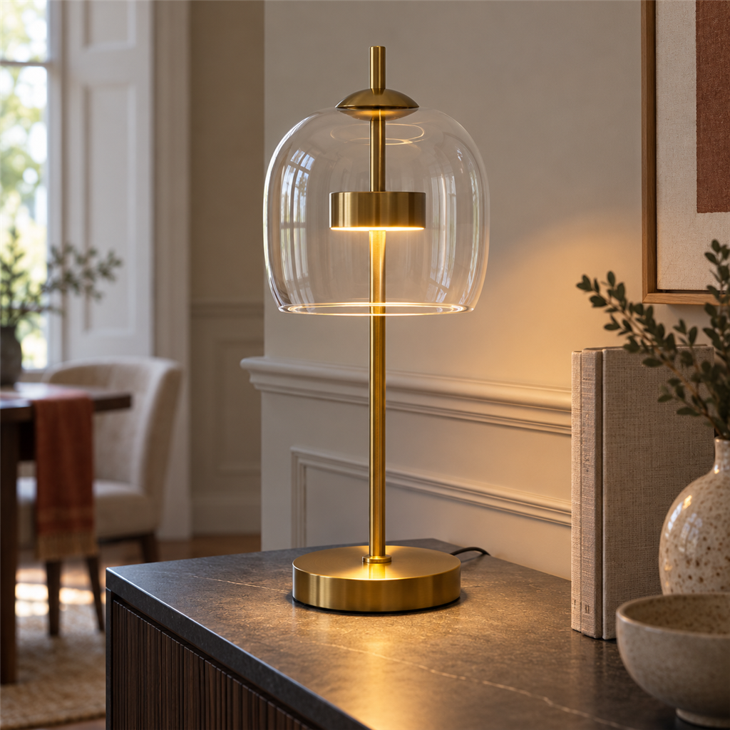 Smoked Glass Dome Table Lamp | Brass Stem, 18/24 cm, Amber Grey or Clear