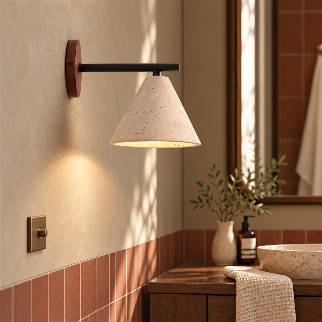 Travertine Cone Wall Light | Natural Stone Wabi-Sabi Sconce, Bedside & Hallway