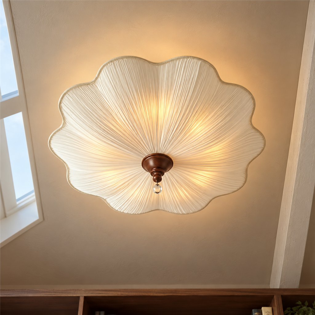 Pleated Scalloped Ceiling Light | Triple Semi-Flush Fabric Shade, 50/60 cm, Bedroom