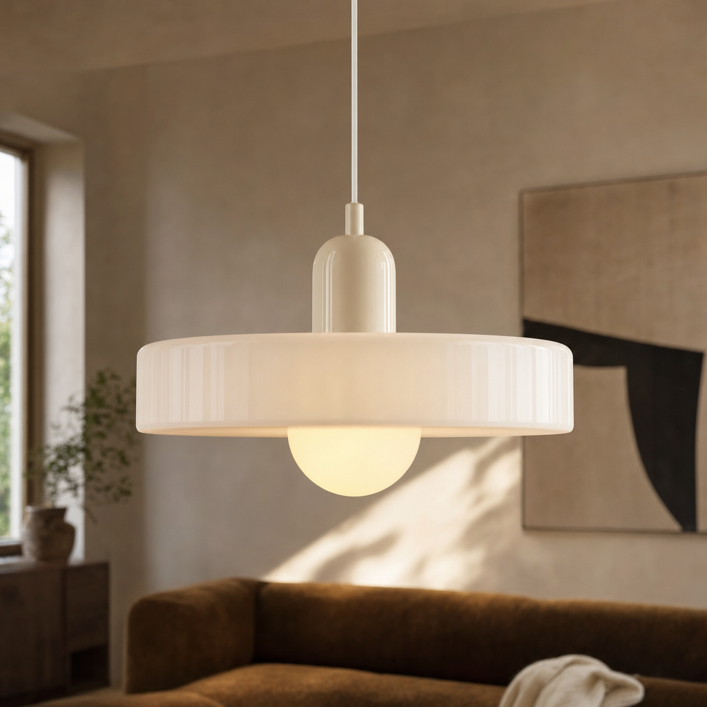 Bauhaus Glass Pendant Light | Tinted Disc & Opal Globe, 25 cm, 4 Colourways