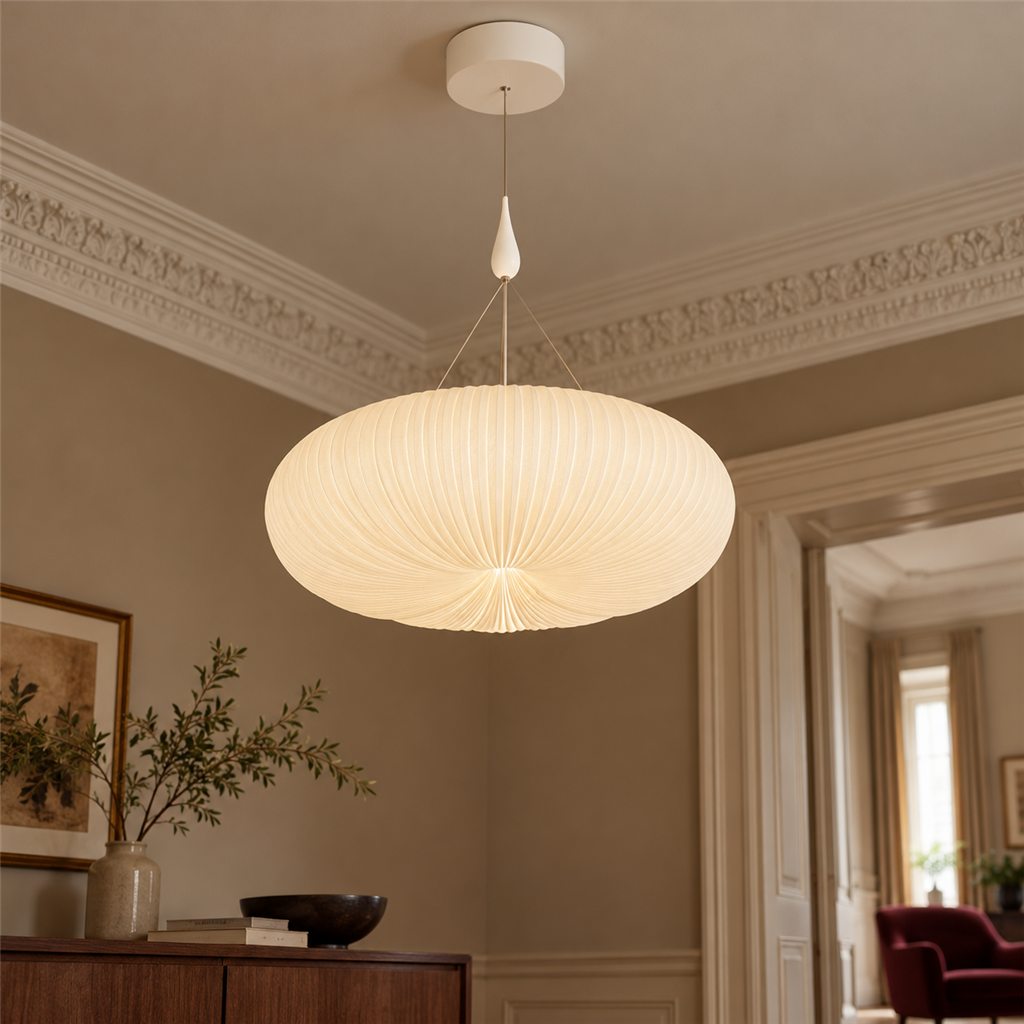 Pleated Acrylic Pendant Light | White Dome Shade, 45 cm, Corded Ceiling Fixture