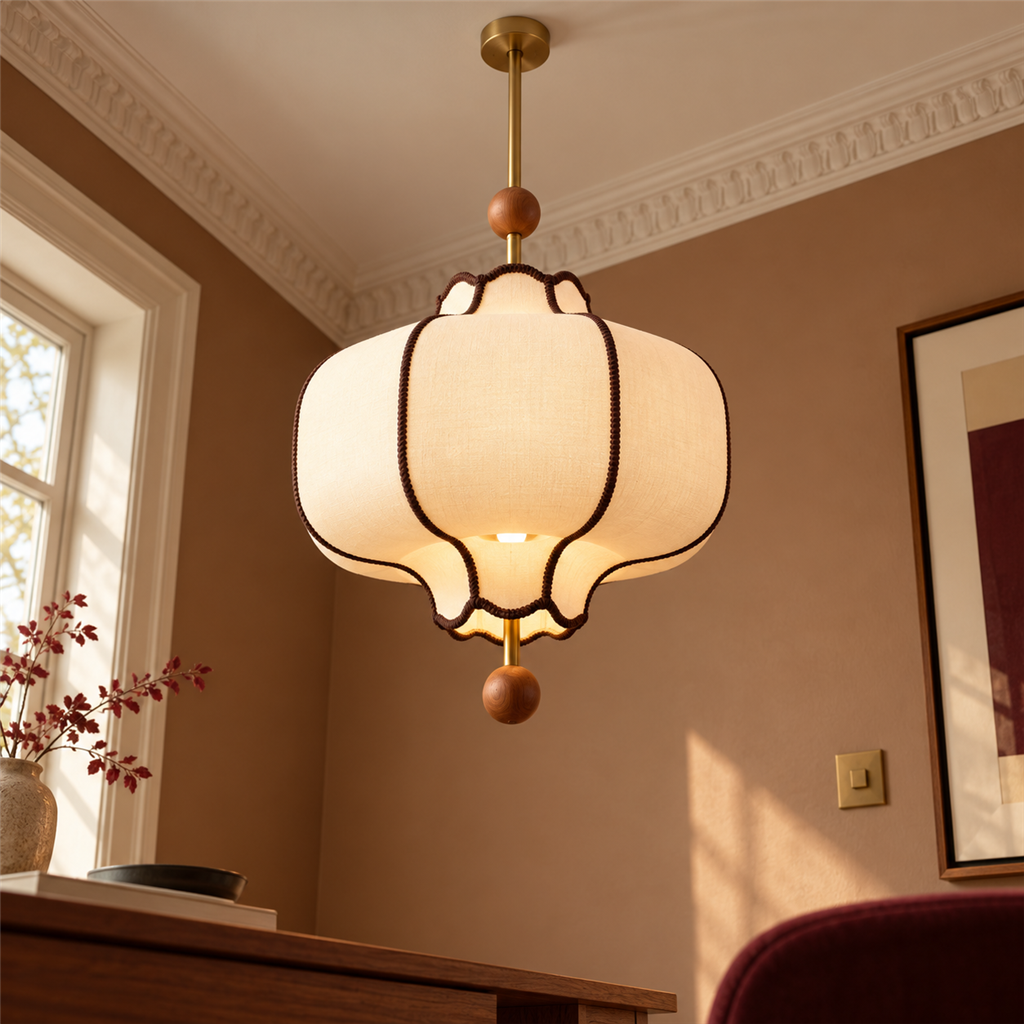 Lantern Fabric Pendant Light | Vintage Wood Frame & Beads, 40/50 cm, Dining Room