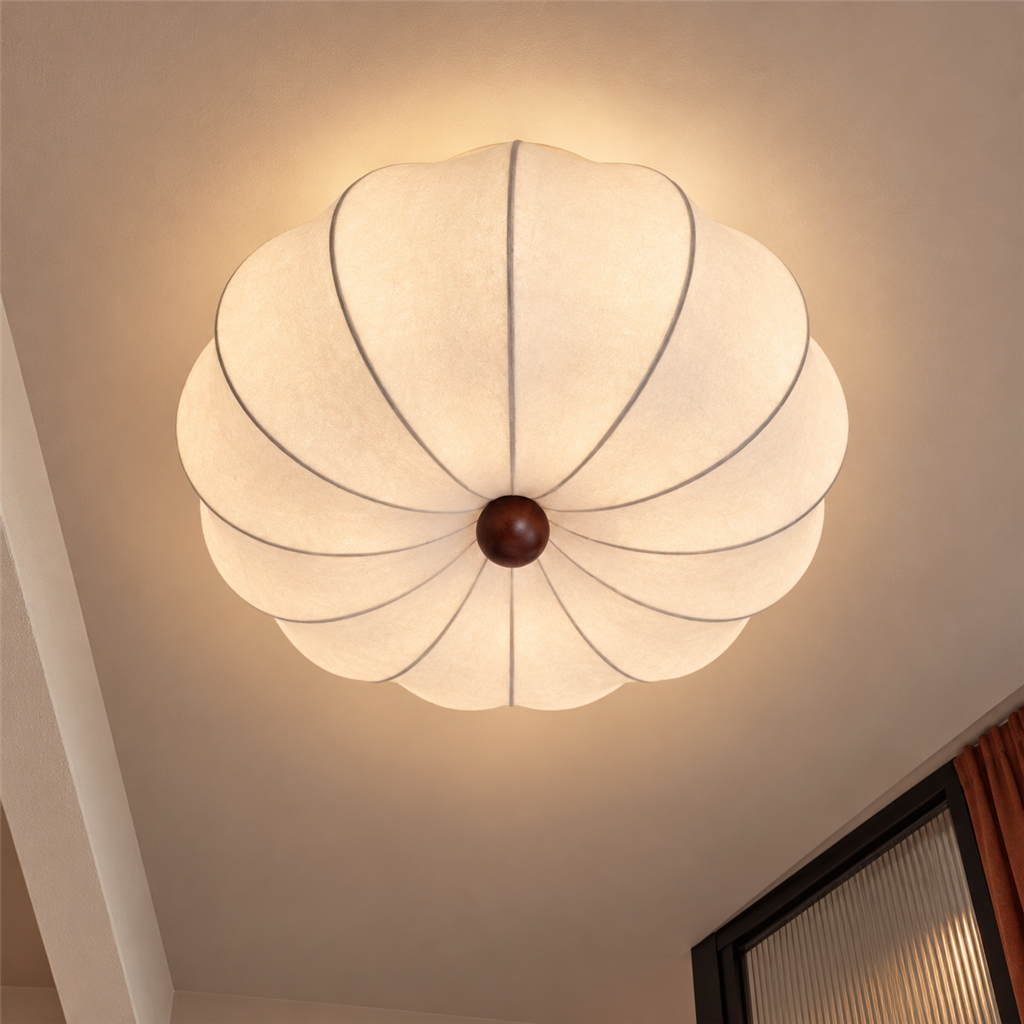 Ribbed Silk Ceiling Light | Japandi Semi-Flush Shade, 40-60 cm, Bedroom Fixture