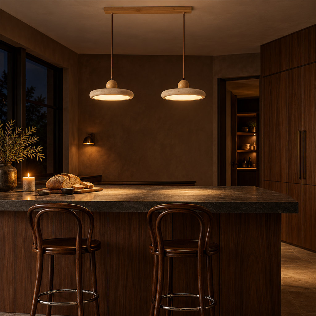Travertine Double Pendant Light | Wood or Walnut Bar, Breakfast Bar & Counter