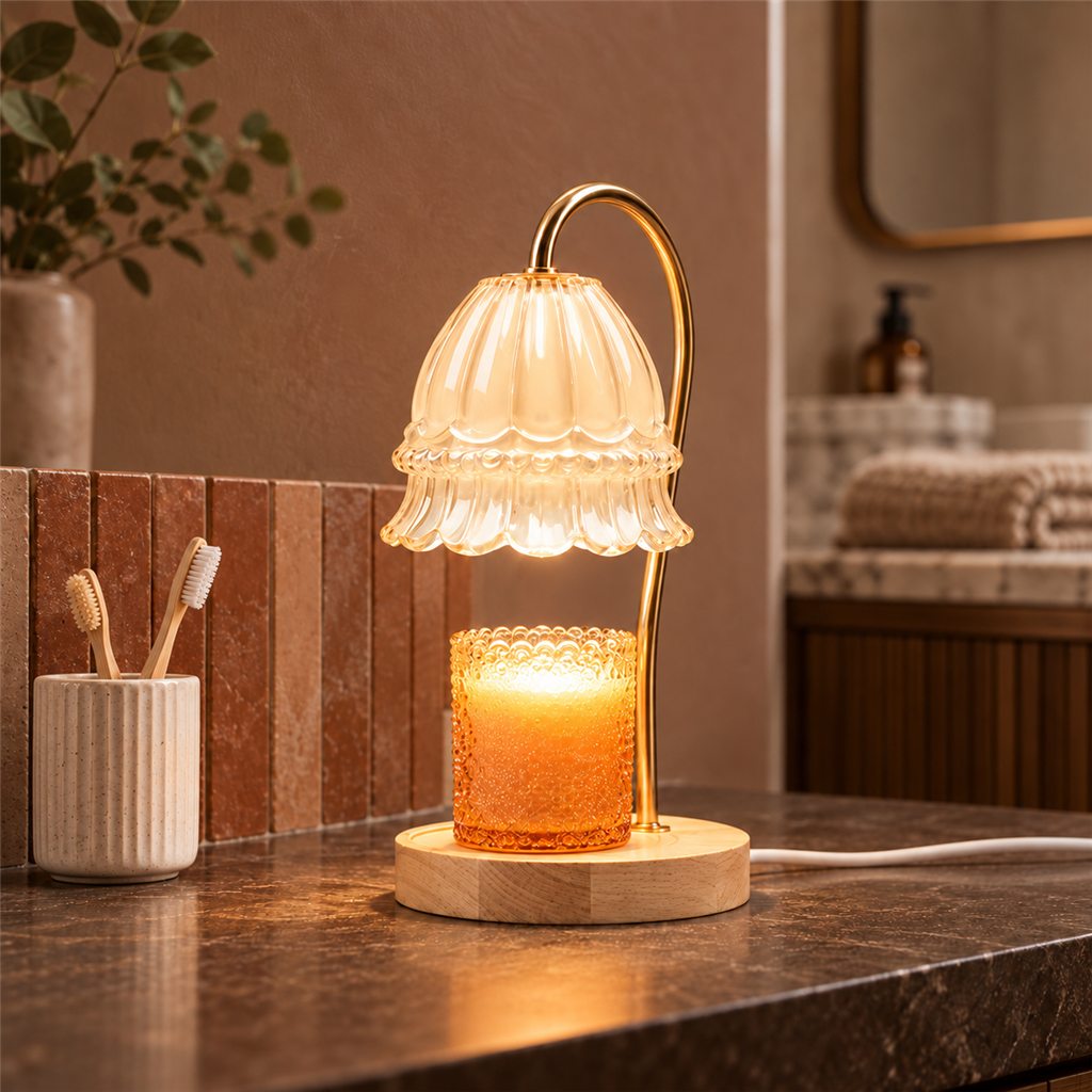 Flower Glass Candle Warmer Lamp | Brass Arm & Wood Base, 5 Shade Colours